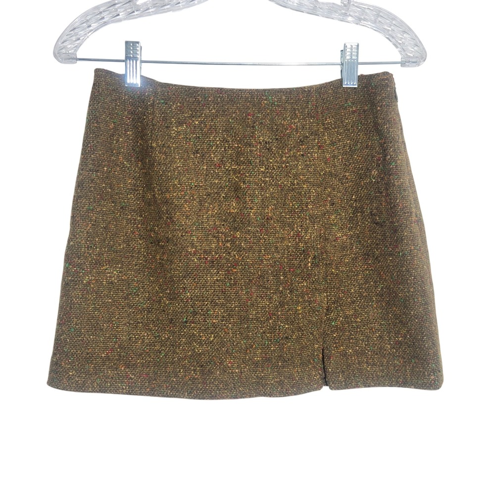 Vtg Express Sz S Brown Tweed Flecked Mini Skirt Wool Blend Side Slit‎ Academic